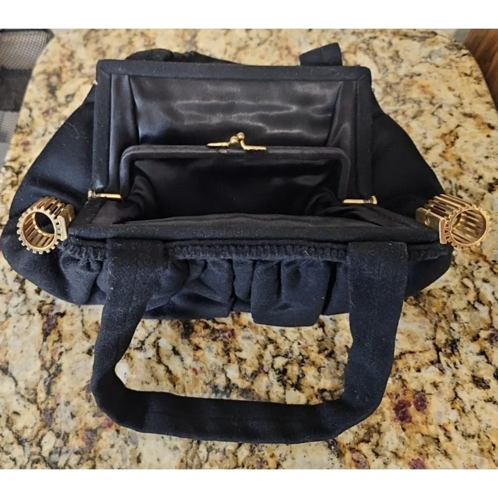 Vtg‎ 1940's Black Cloth Purse Handbag w/Gold accents to open